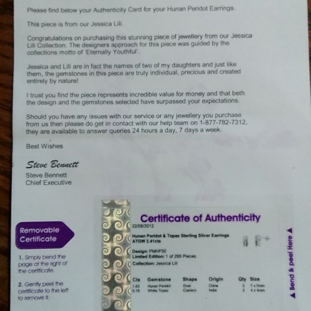 Peridot and Topaz Earrings Certificate of Authenticity - Picture 5 of 5